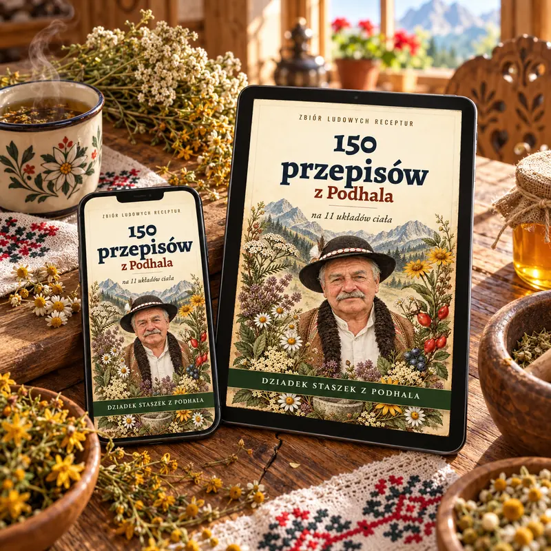 Książka otwarta na telefonie i tablecie na drewnianym stole z ziołami w góralskiej kuchni